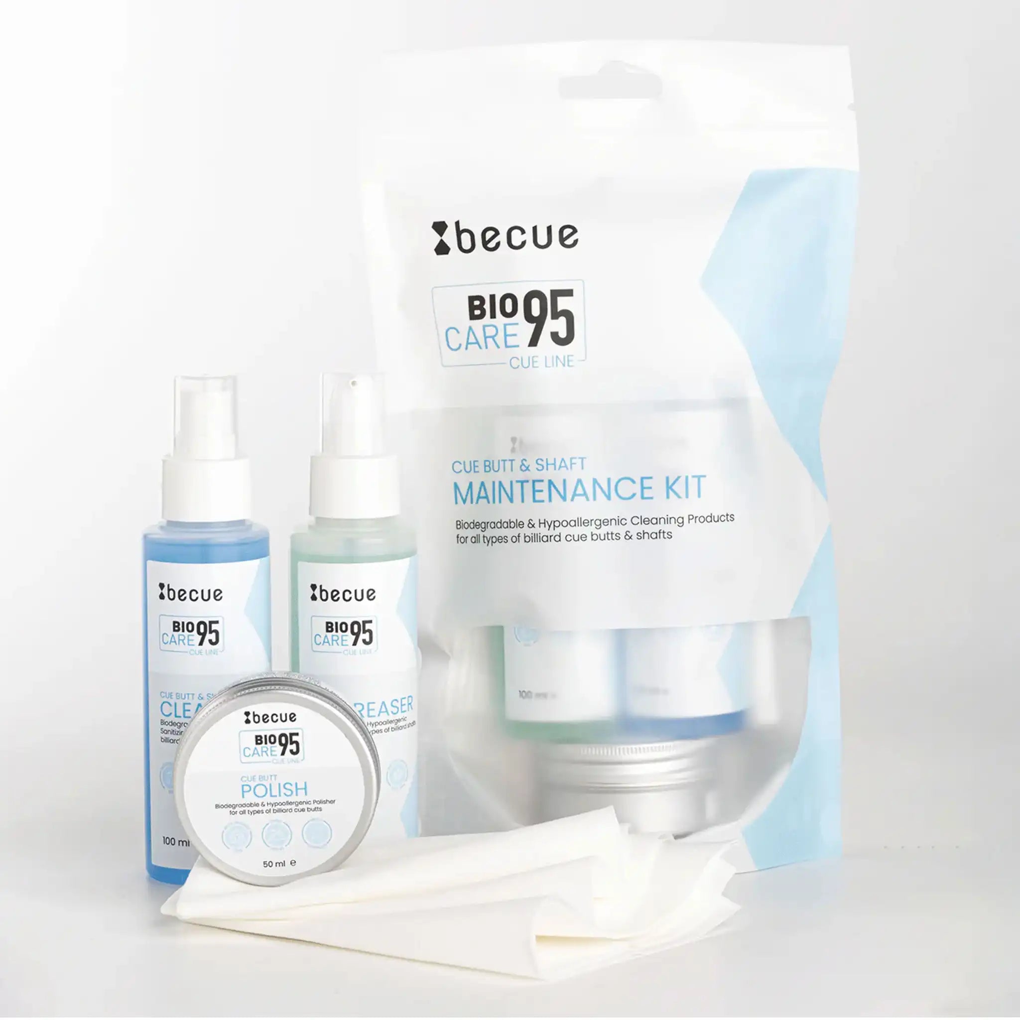Kit de limpeza e manutenção Becue para varas e punhos de bilhar Kit de limpeza e manutenção Becue para varas e punhos de bilhar